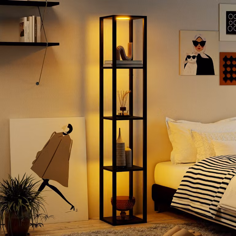 Costway Lampada da terra moderna con ripiani in legno e metallo, luci LED dimmerabili a 3 vie, colore Nero