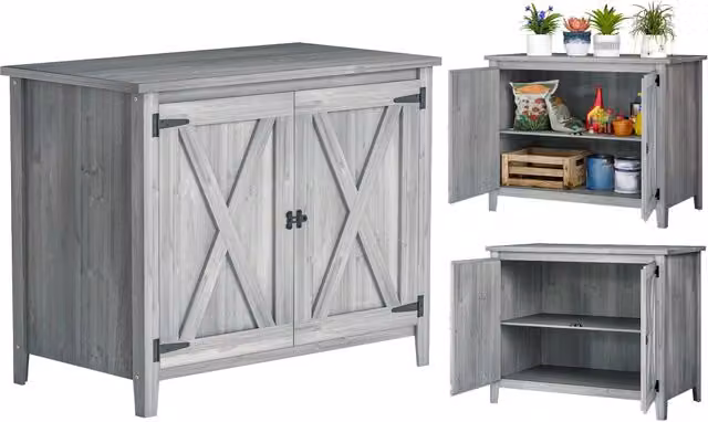 Armadio da giardino ¨C zephmum ¨C in legno massello di acacia, design rustico, doppia porta, colore grigio chiaro