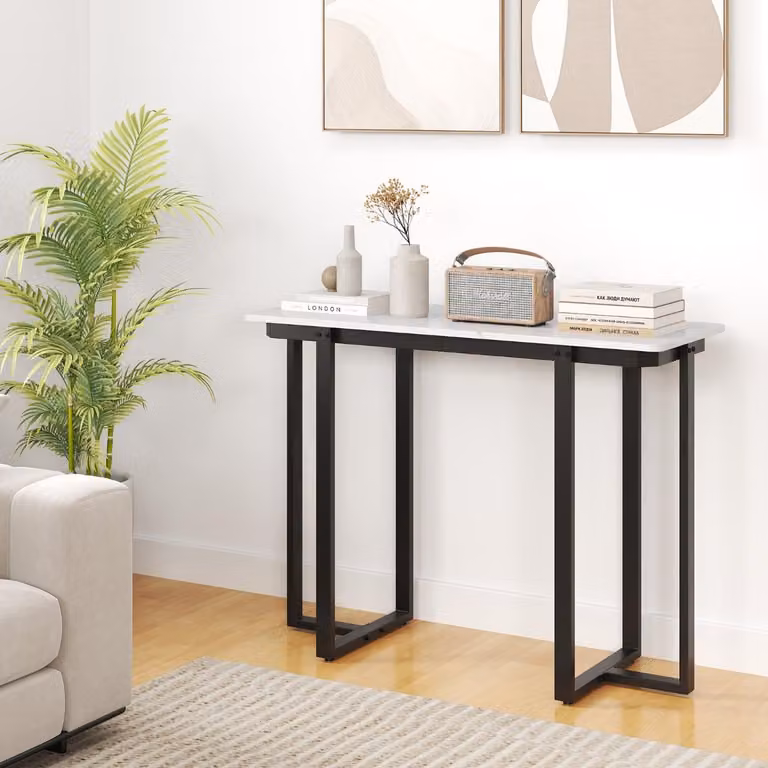 Costway Tavolo console moderno in marmo finto con telaio geometrico in metallo per soggiorno e corridoio, Bianco Nero, L: 107 cm, P: 40 cm