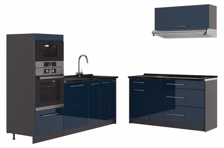 Cucina Vicco Fame-Line Blu scuro lucido/Antracite 340 cm senza piano di lavoro, Model 63872