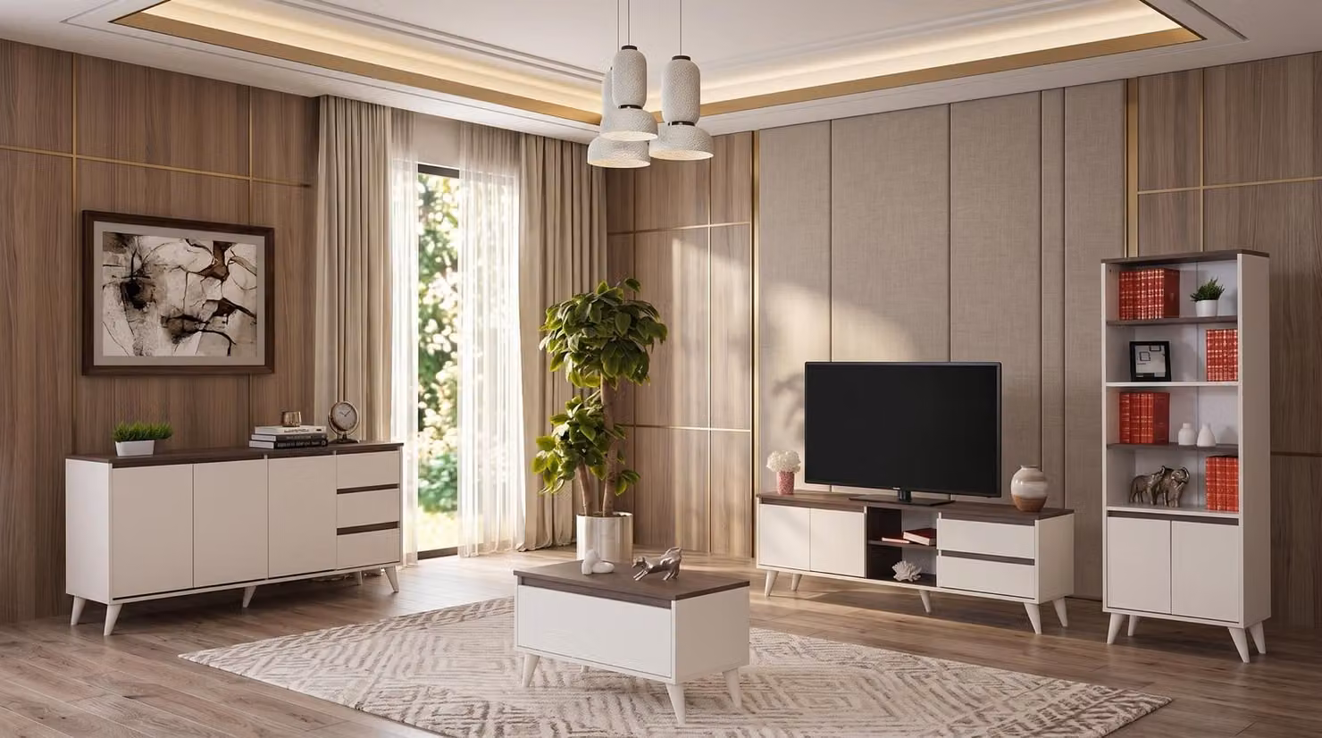 Set di mobili da soggiorno beige-marrone: mobile TV, tavolino, consolle, libreria, design moderno