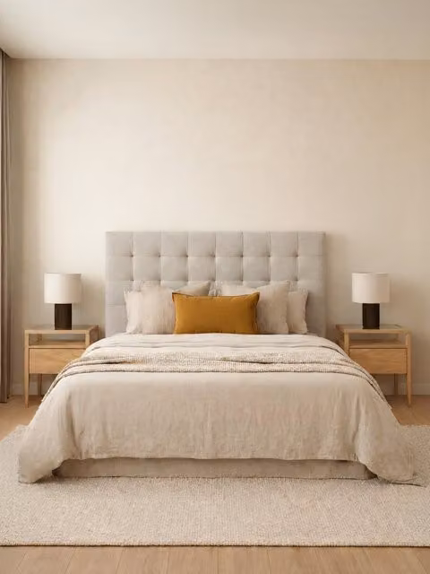 Set testiera imbottita beige e 2 comodini in impiallacciatura di rovere Vita di Kenay Home per letto 150/160 cm