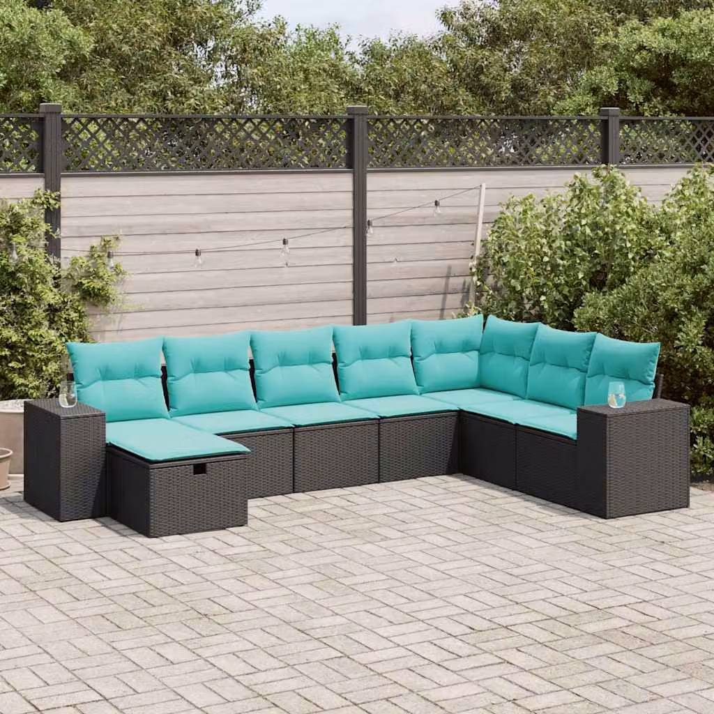 Set Divano da Giardino a L vidaXL in Polyrattan Nero con 8 Cuscini e Ottoman