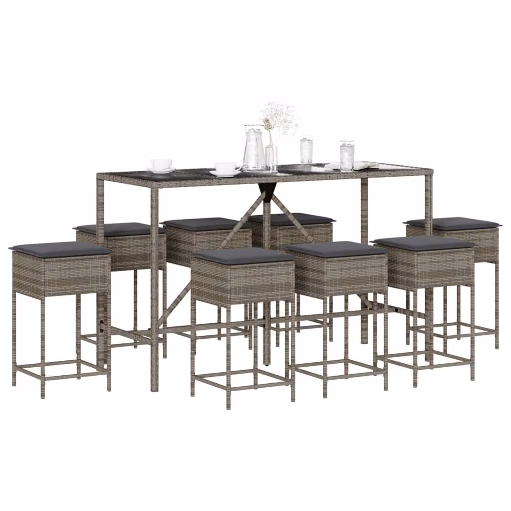 Set Bar da Giardino vidaXL in Polyrattan e Metallo con Cuscini, 9 Pezzi, Grigio e Nero