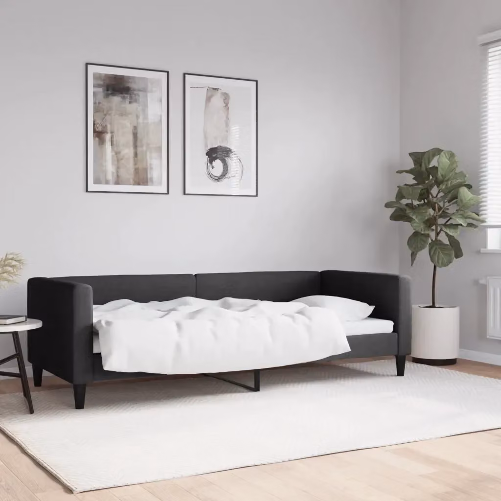 Letto singolo moderno in tessuto nero con struttura imbottita e braccioli L/P/H: 90 x 200 x 68 cm – 2