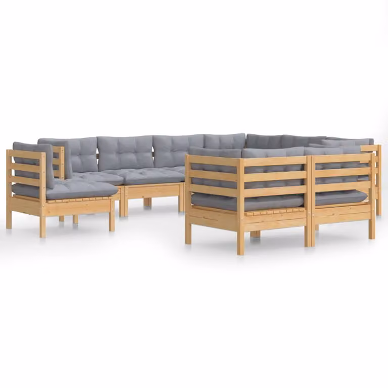 Set Divani da Giardino 9 pz con Cuscini Grigi Massello di Pino