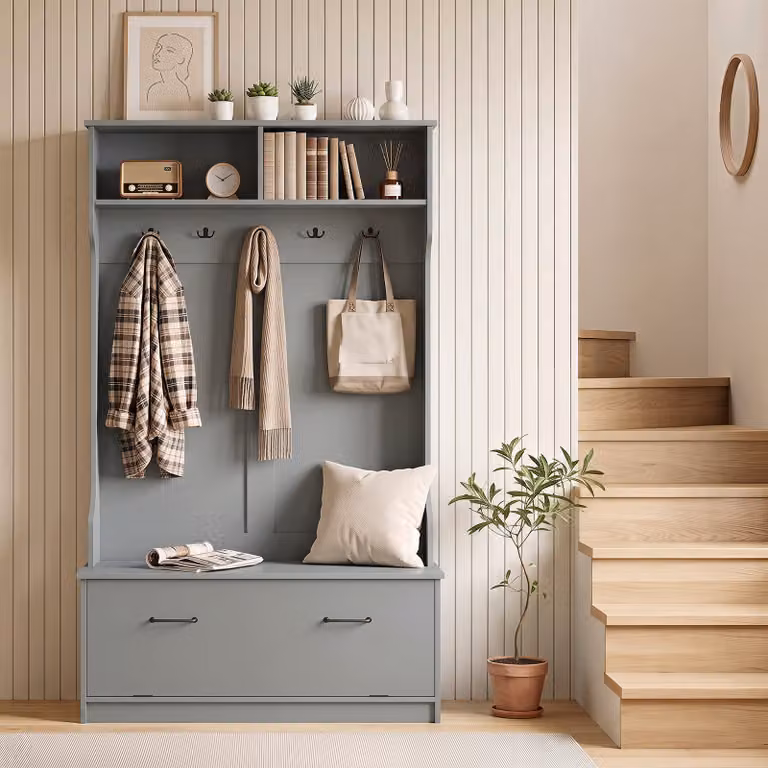 Costway Appendiabiti da terra con panca porta scarpe per ingresso e corridoio in legno, Grigio