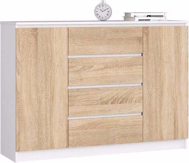 Cassettiera AKORD K140 Bianca 138 cm 2 ante 4 cassetti inserto frontale Sonoma Quercia 138x40x99 cm
