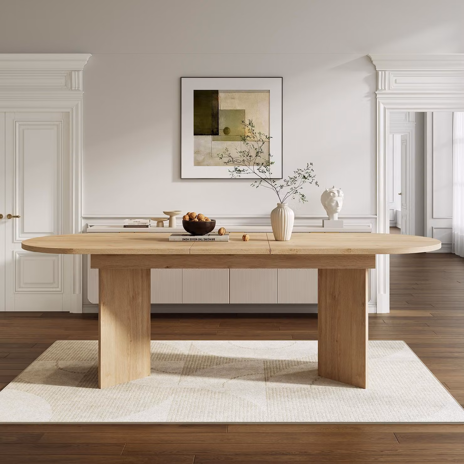 Tavolo da pranzo ovale Flieks Tavolo da cucina con piano allungabile, tavolo da sala da pranzo per 4-8 persone, 160-200x90x75cm, finitura naturale