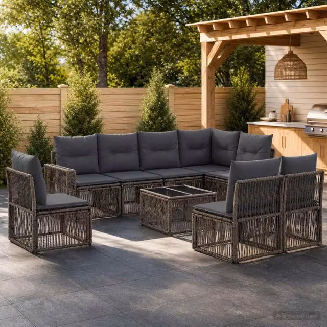 Set Divano da Giardino a L con Tavolino da Caffè vidaXL, 9 Pezzi in Polyrattan Grigio e Antracite con Cuscini Inclusi