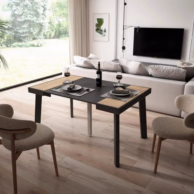 Consolle allungabile, 140x90x73cm, Per 6 persone, Gambe in legno, colore Rovere e nero RF3034
