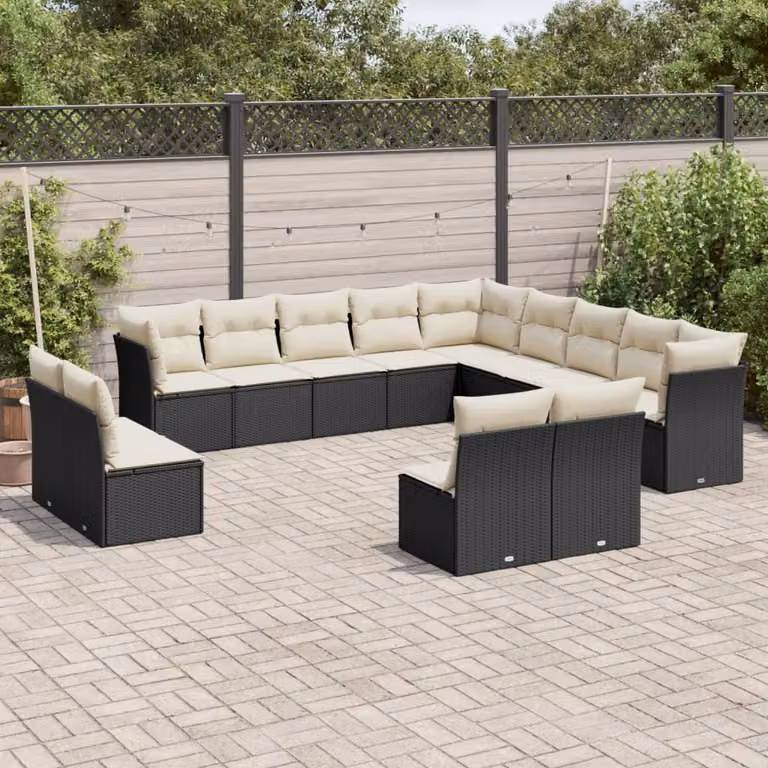 Set di divani da giardino vidaXL a forma di U in polyrattan nero con cuscini inclusi