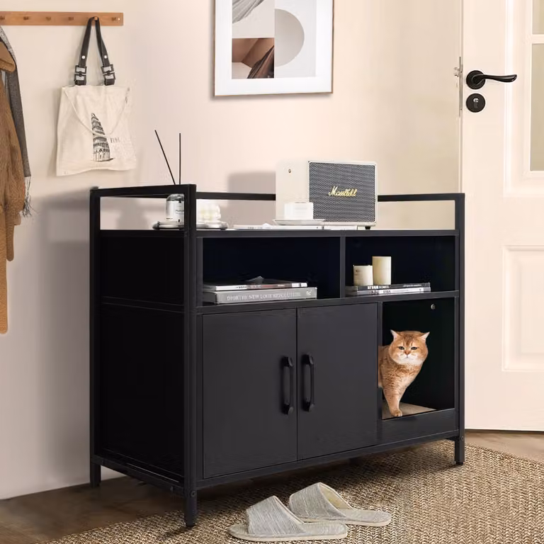 Costway Toilette nascosta per gatti con doppie porte e cartone per graffi, Contenitore per lettiera per gatti Nero