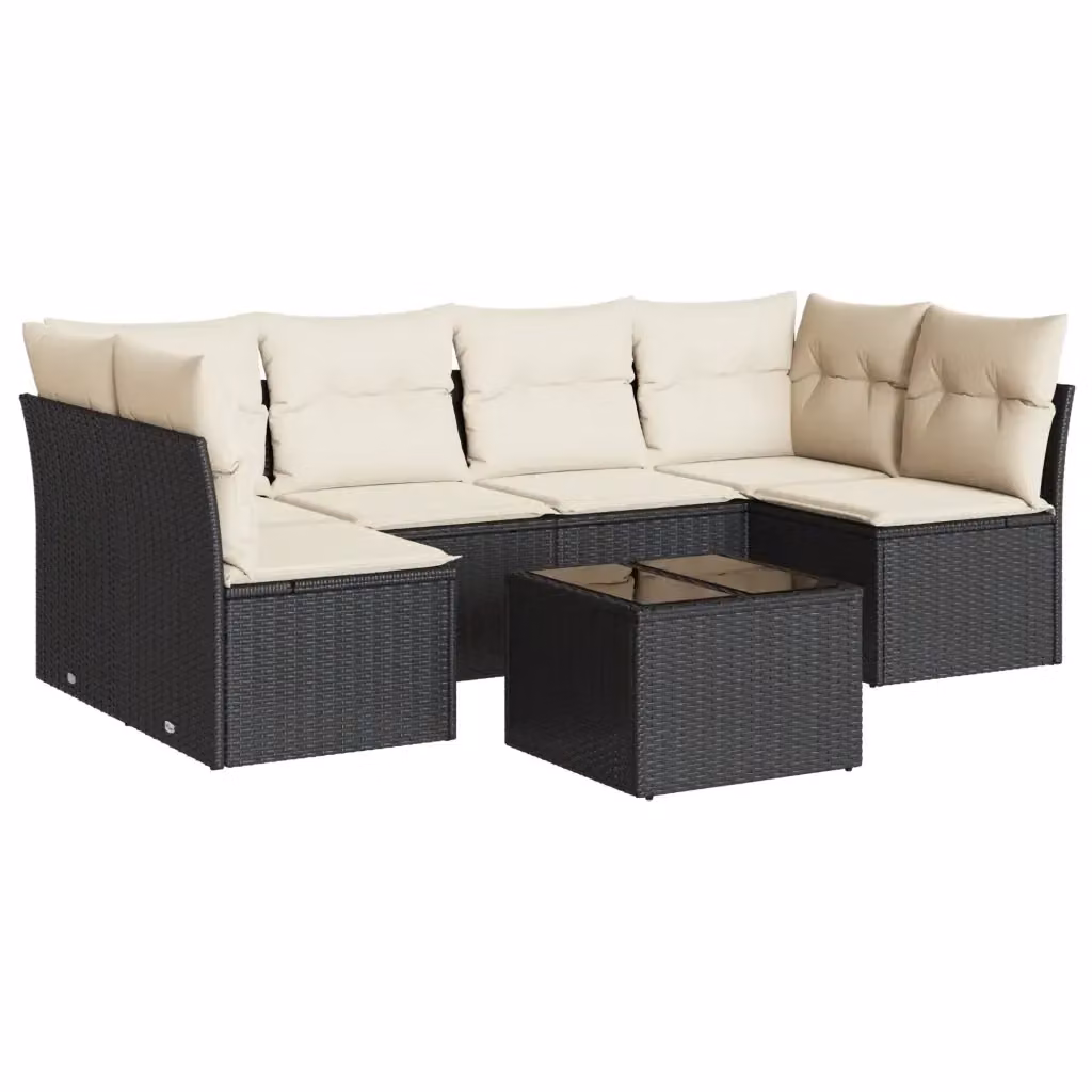Set di divani da giardino vidaXL a forma di L con cuscini e tavolino, 7 pezzi in polyrattan nero – 2