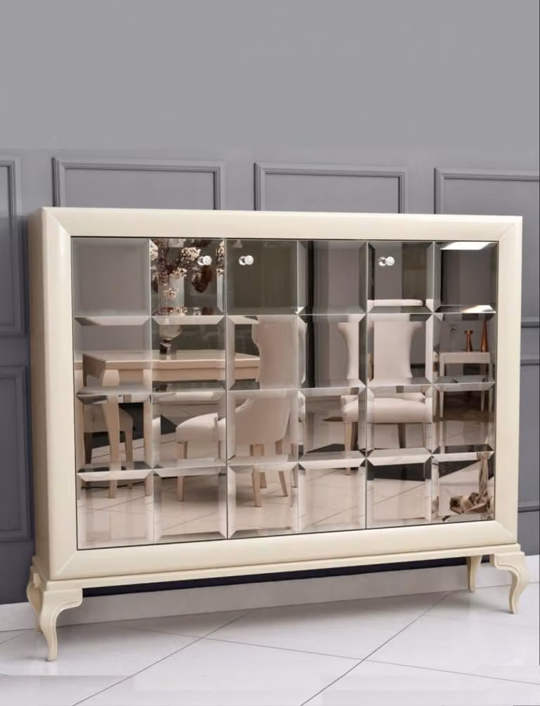 Casa Padrino cassettiera neoclassica specchiata bianco/oro 179 x H147 cm - Credenza Art Déco
