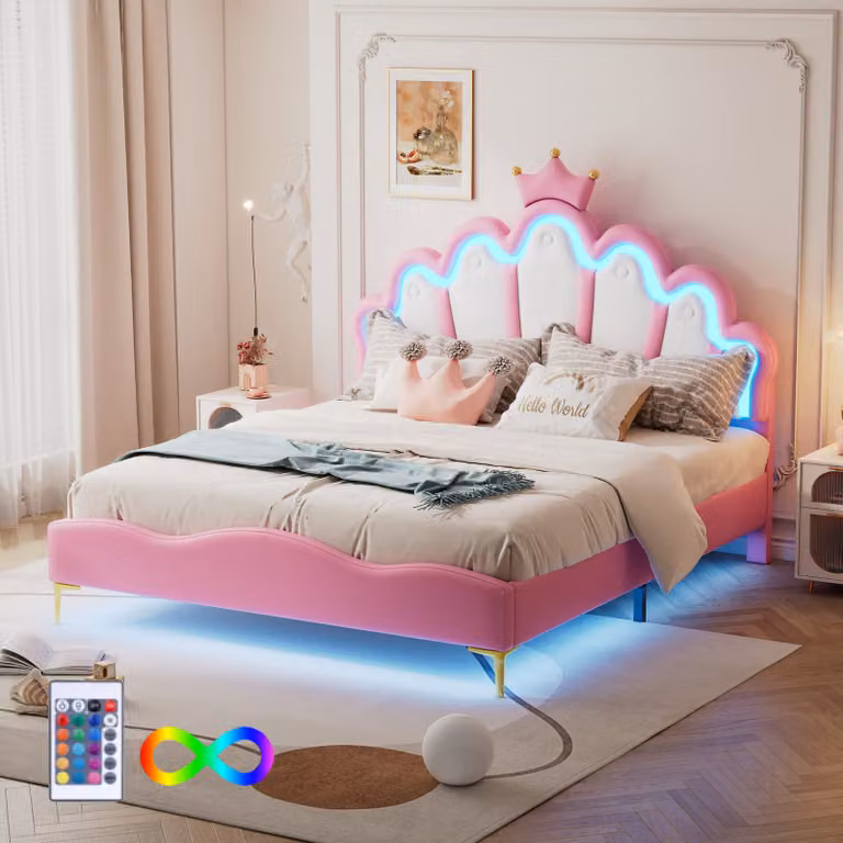 Letto imbottito Okwish 140 x 200 cm con testiera a , ecopelle, illuminazione a LED, rosa