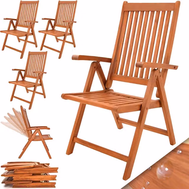 Set di 4 sedie da giardino Casaria in legno di eucalipto FSC marrone con braccioli e design impilabile