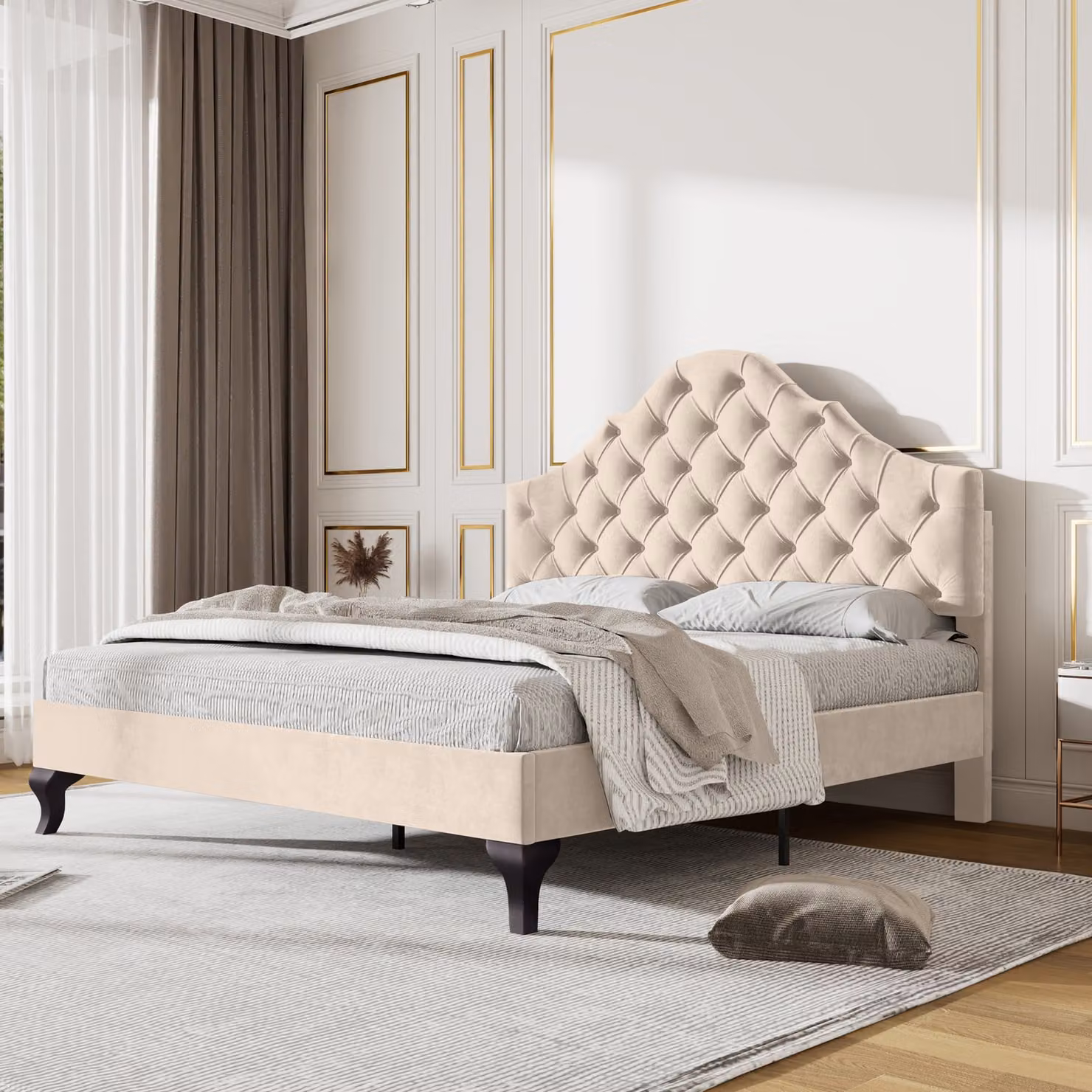 MODFU Letto imbottito 140x190 cm con testiera regolabile in altezza e rete, Letto matrimoniale Letto per bambini in velluto e legno massello (senza materasso), beige