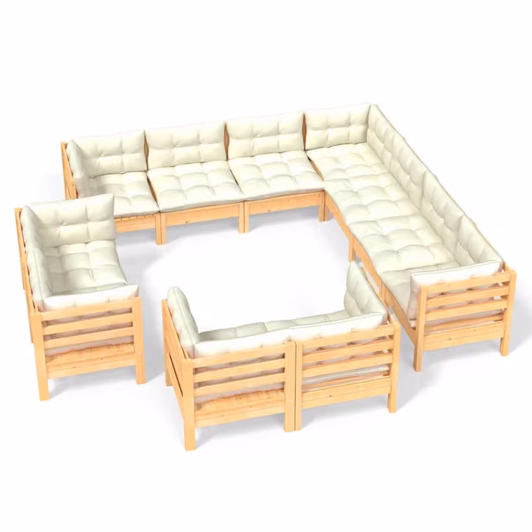Set Divani da Giardino 11 pz con Cuscini Crema in Massello di Pino