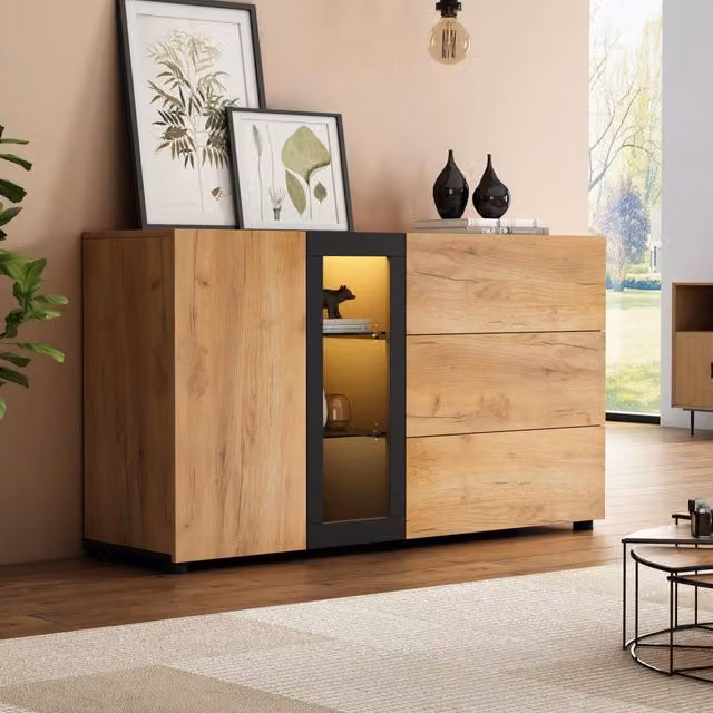Credenza ULEVR 140x40x80 cm con 3 cassetti, anta, ripiani in vetro regolabili e LED RGB via app, nero e marrone