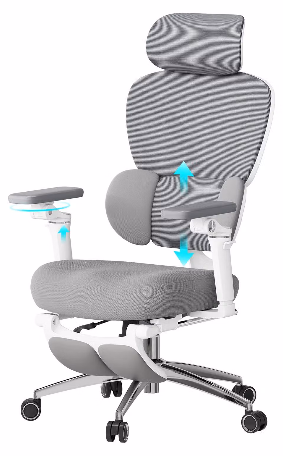 Sedia da ufficio ergonomica - sedia da scrivania - girevole a 360° - rivestita in rete - poggiatesta 3D - braccioli 6D - supporto lombare dinamico - colore grigio
