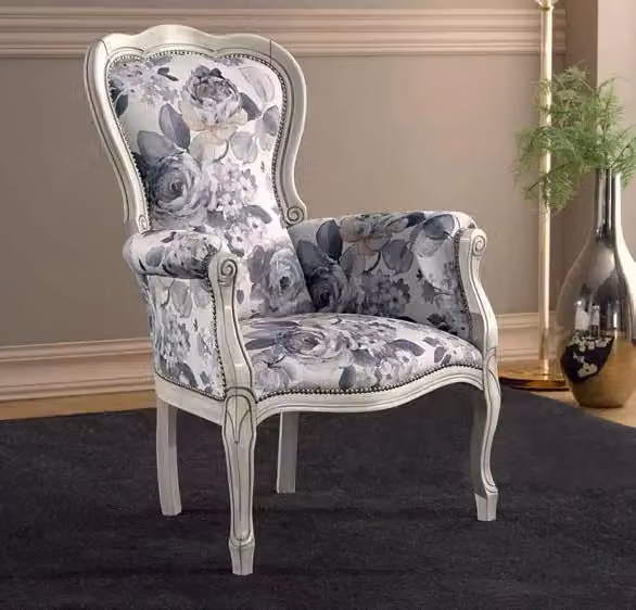 Poltrona shabby chic in legno di faggio bianco intagliato con decorazioni floreali Mobili 2G L/P/H: 65 x 52 x 104 cm – 2