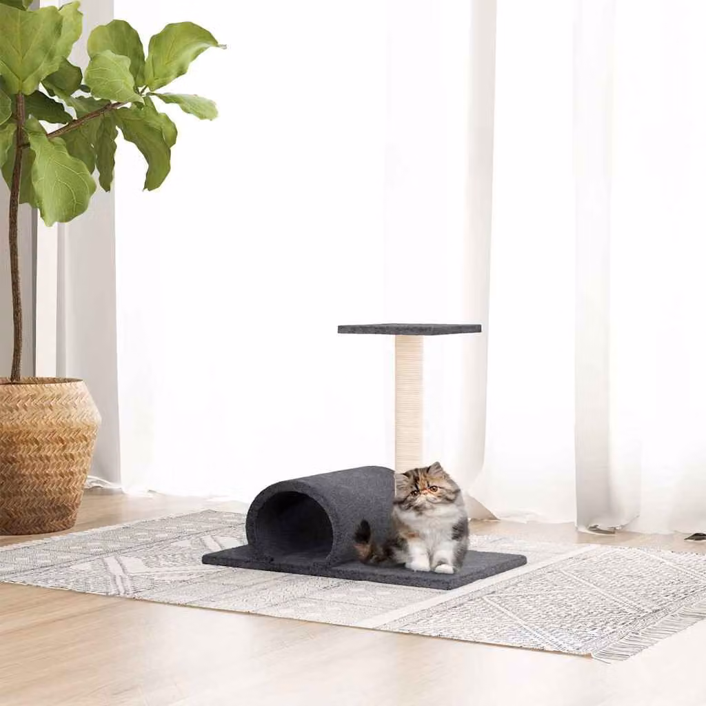 vidaXL Palo Tiragraffi per Gatti con Tunnel in Sisal, Grigio Scuro, L/P/H: 60 x 34,5 x 50 cm