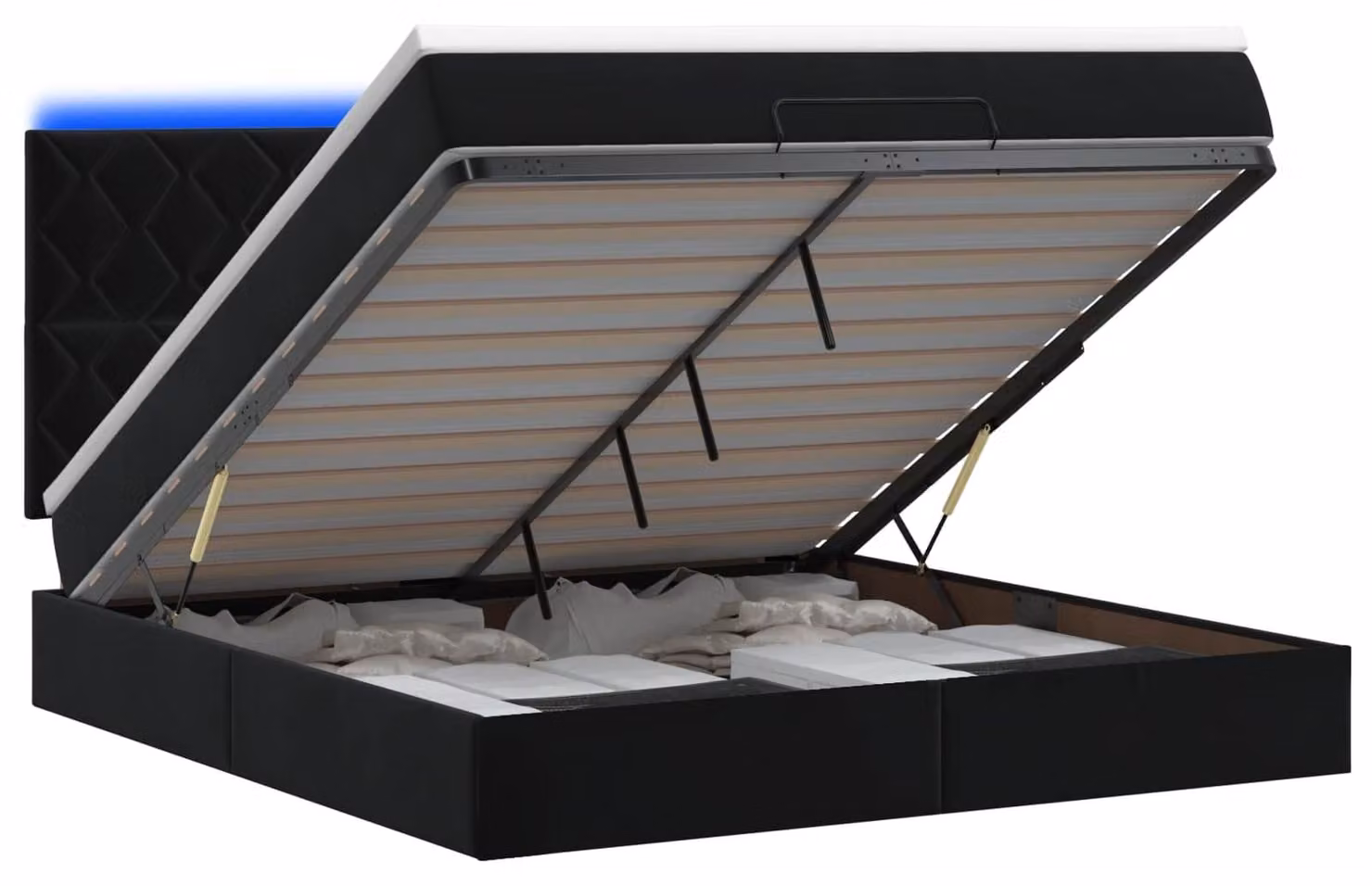 Panca contenitore con materasso e luci LED, colore nero, 140 x 200 cm, rivestita in velluto