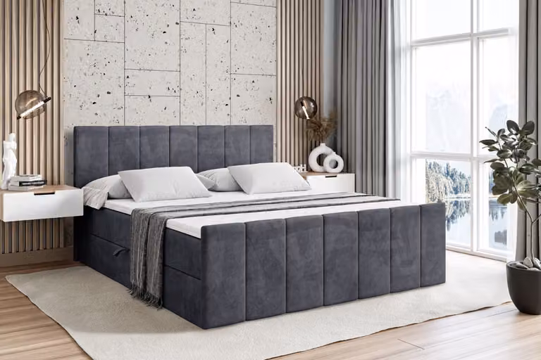 Letto boxspring ALTDECOR con pediera, materasso H4 e topper - 180x200 cm - MOETI-Z - Velluto grigio scuro - Letto imbottito con contenitore e rete a doghe, letto con spazio contenitivo