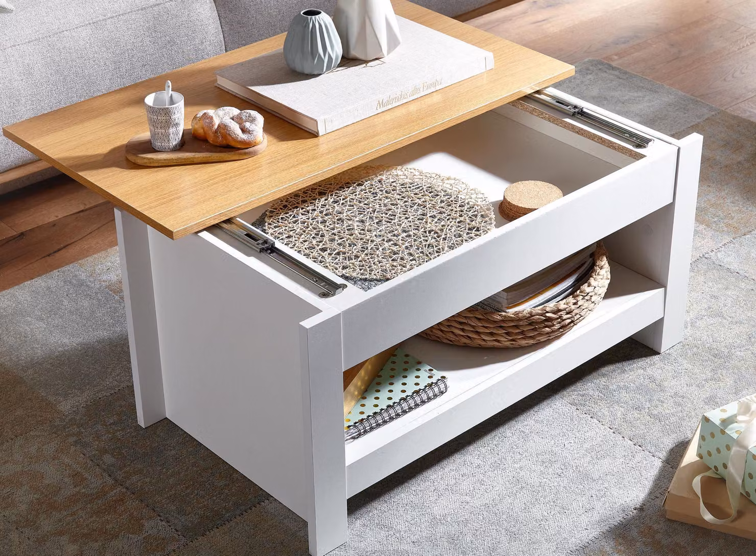 FineBuy Tavolino da caffè Bianco / Quercia 85x47x45 cm Tavolo da soggiorno con spazio di archiviazione Design Tavolo da divano con scomparto di archiviazione Tavolino da caffè moderno Tavolo da salotto Quadrato