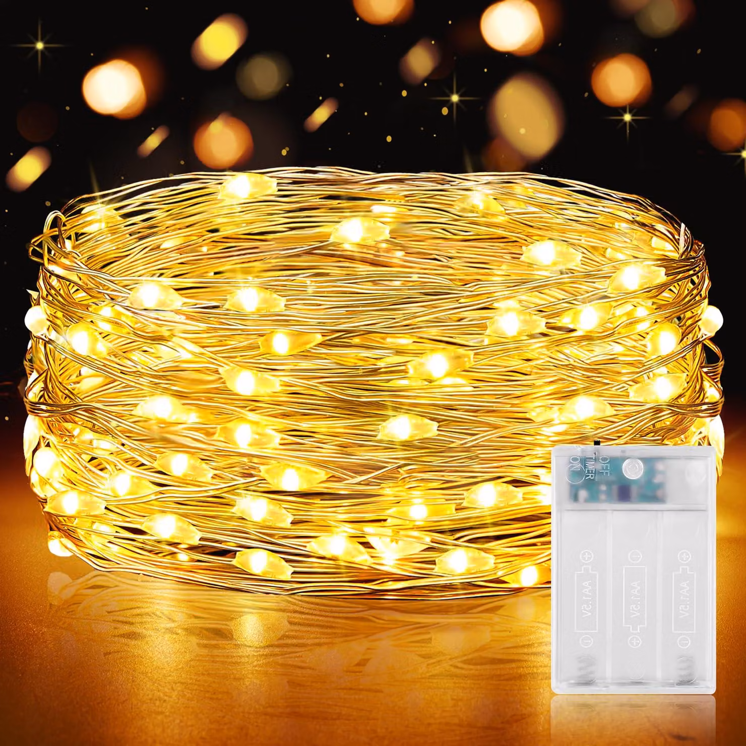 Catena luminosa a LED, 5 metri, 50 LED bianco caldo, con timer, alimentazione a batteria
