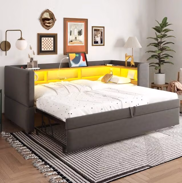 Divano letto imbottito estensibile 90/180x190 cm in flanella grigio scuro con LED e prese