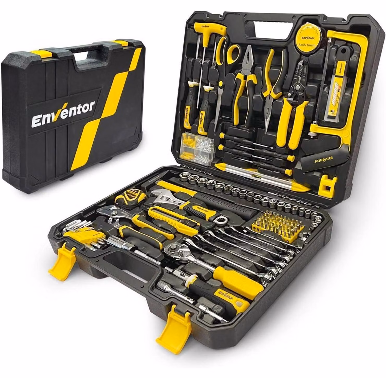 Kit di attrezzi da casa completo, 280 pezzi, con cacciaviti, martello, pinze, chiave a bussola e set di chiavi a cricchetto, ideale per lavori di bricolage, riparazioni domestiche, auto e garage. Colore: giallo