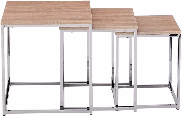 Set di 3 tavolini, cromati/effetto legno chiaro, MDF/metallo, altezza da 29 a 39 cm
