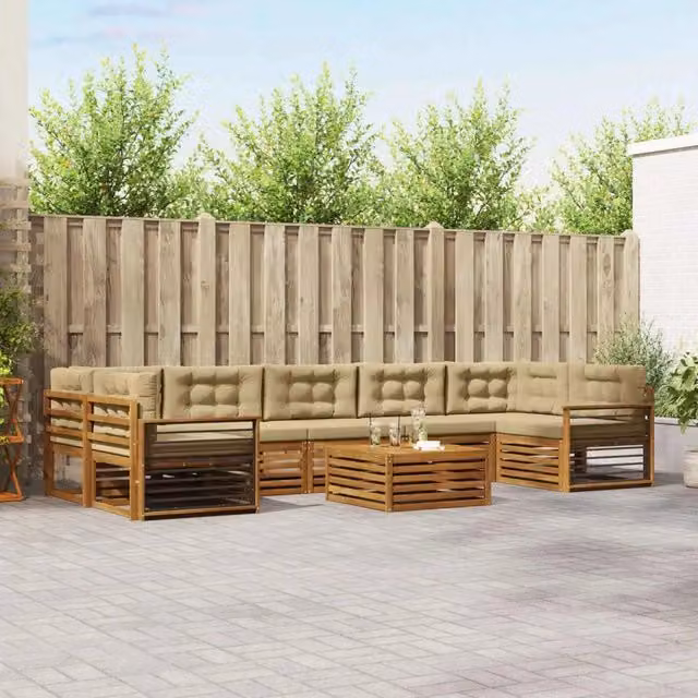 Set di divani da esterno a L vidaXL in legno di acacia con cuscini beige e tavolino da giardino