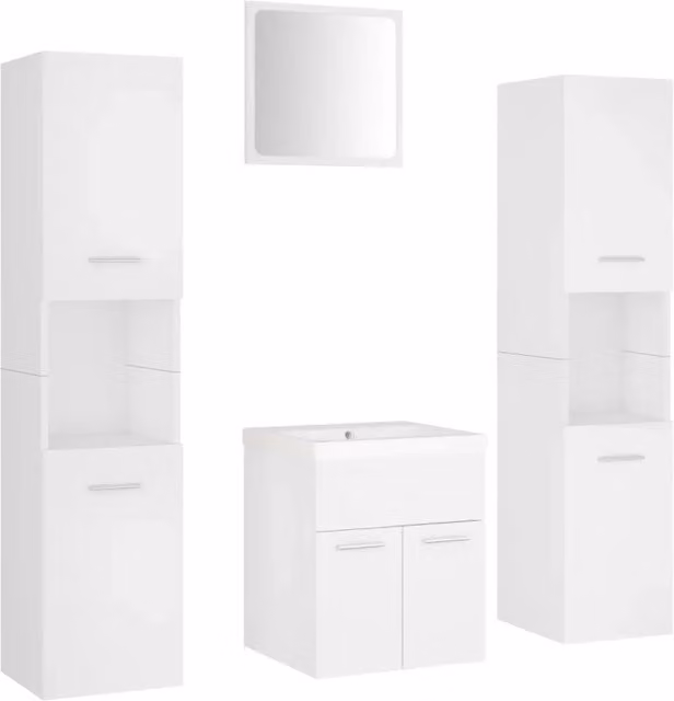 Set Mobili da Bagno Moderno Bianco con Mobile Lavabo, Colonna e Armadietto Specchio in Legno e Ceramica L/P/H: 130 x 41 x 38,5 cm