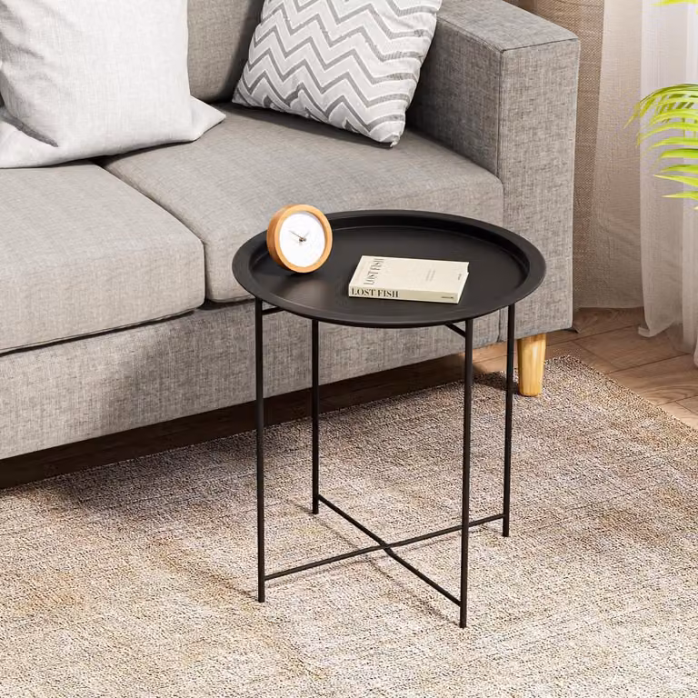 Tavolino laterale rotondo in metallo, resistente agli agenti atmosferici, diametro 47 cm, altezza 50 cm, colore nero