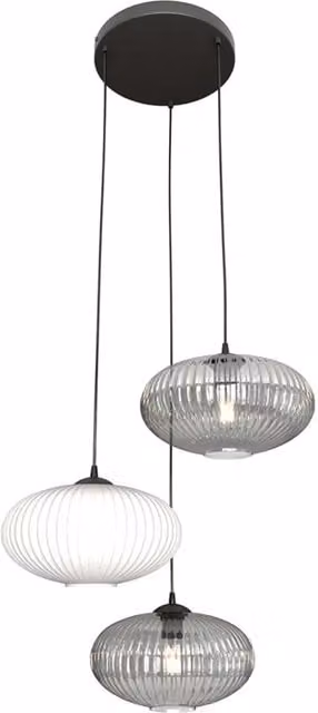 Lampadario a sospensione Luceart-Classic con 3 luci, base tonda in acciaio nero e paralumi plissé multicolor in tessuto