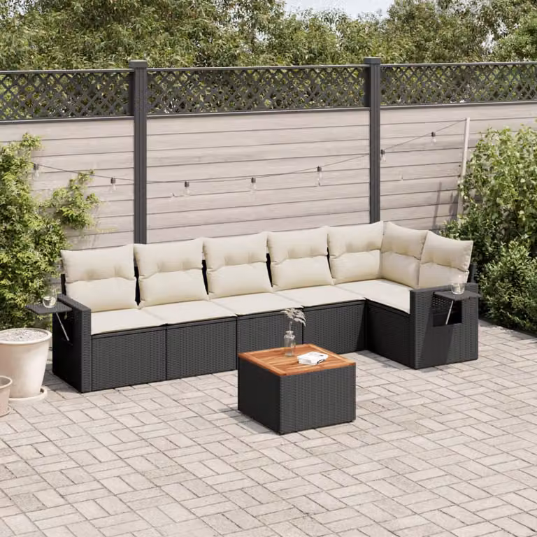 Set di Divani da Giardino a L vidaXL in Polyrattan Nero con 7 Cuscini e Tavolino da Esterno