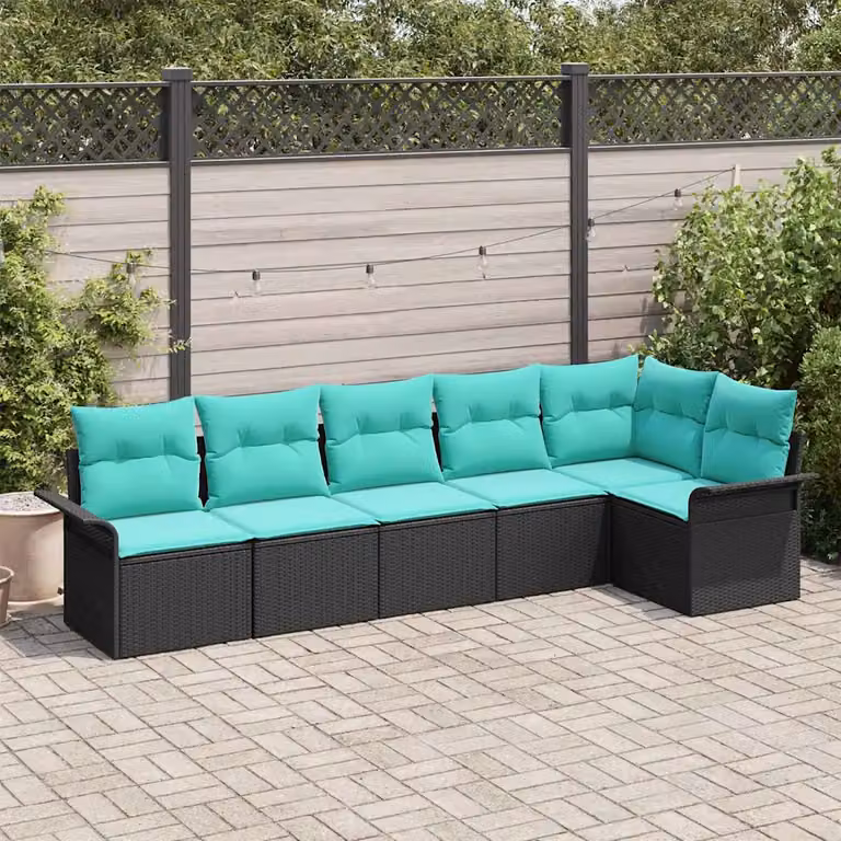 Set Divano da Giardino a L vidaXL in Polyrattan con Cuscini, Nero e Turchese