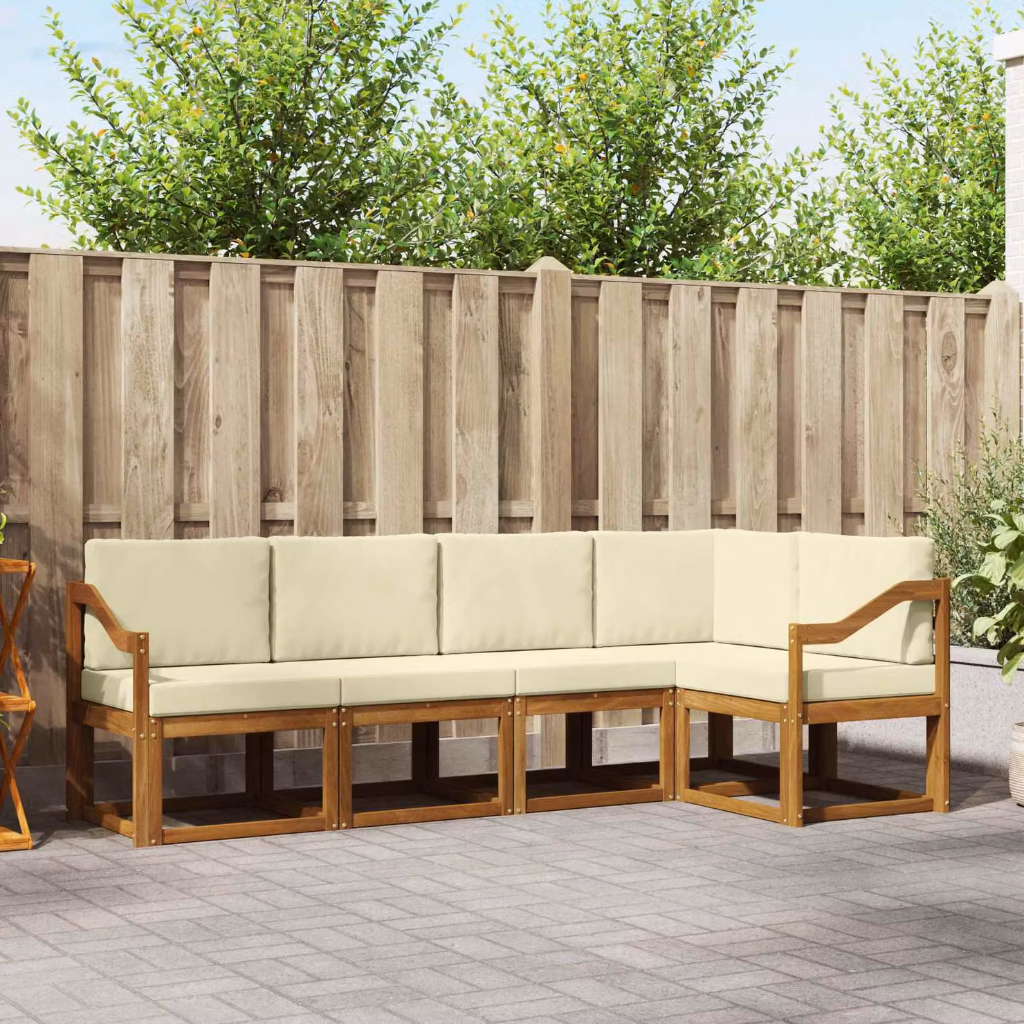 Set di divani da esterno vidaXL 5 pz in legno di acacia con cuscini, design moderno a L, colori beige e marrone