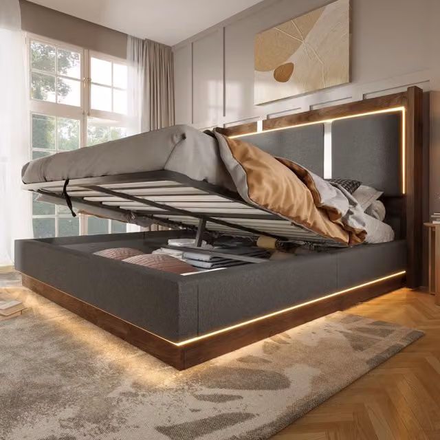 Letto matrimoniale 140 × 200 cm con contenitore idraulico, illuminazione LED, senza materasso, in lino grigio