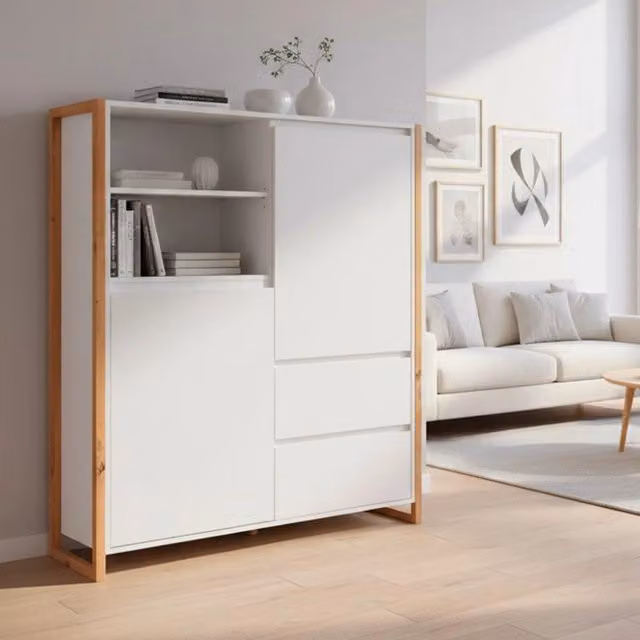 Credenza alta L120XP40XH140 New Denver51 colore bianco e rovere