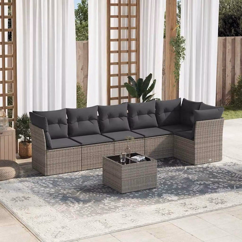 vidaXL Set Divani da Giardino 7 Pezzi in Polyrattan Grigio con Cuscini e Tavolino – 1