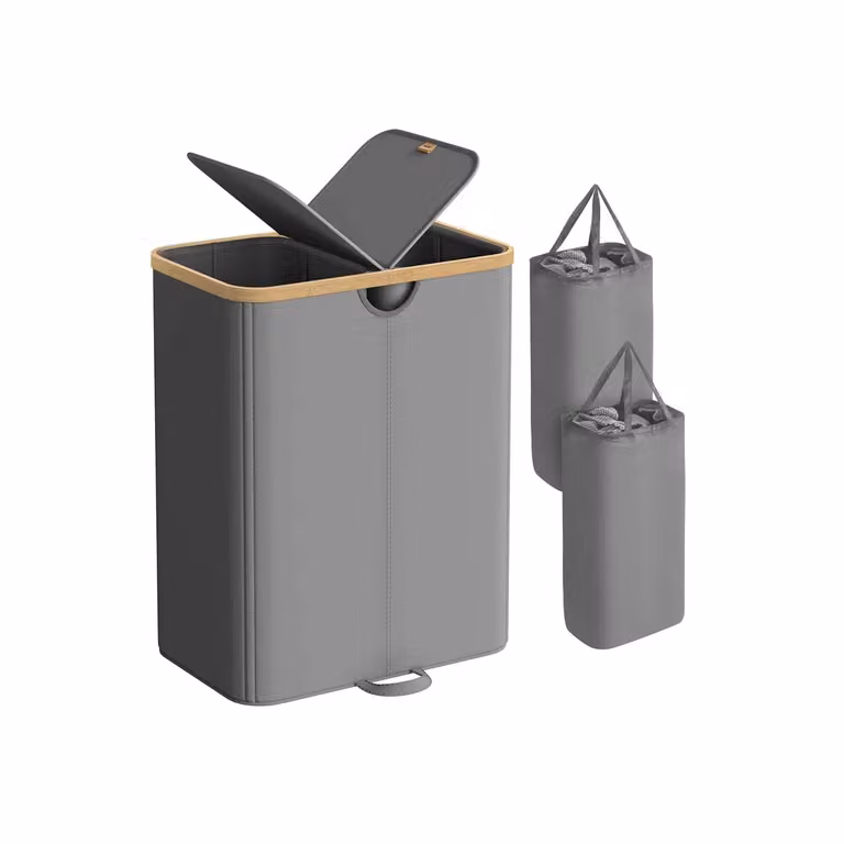 Cesto portabiancheria a 2 scomparti con sacchi rimovibili, Grigio Ardesia + Beige Naturale