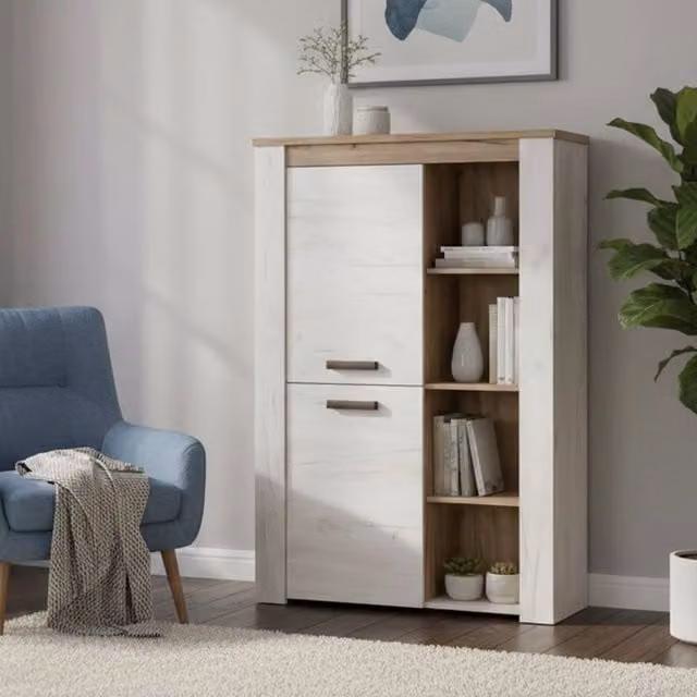 Vetrina Espositiva DMORA con Ante in Vetro e Ripiani Interni, Bianco Larice, L 99.5 x P 36.5 x H 146.5 cm – 1
