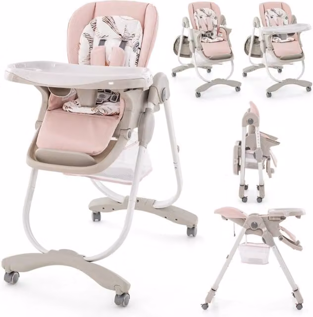 Seggiolone pieghevole per bambini e neonati con ruote, altezza regolabile e poggiapiedi, colore Rosa