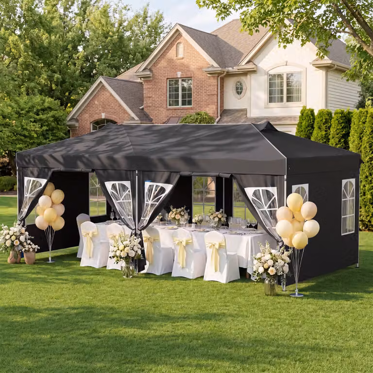 Gazebo da esterno pieghevole Costway con pareti rimovibili e strisce riflettenti, tendone pop up regolabile in altezza, Nero, L: 6 m, P: 3 m