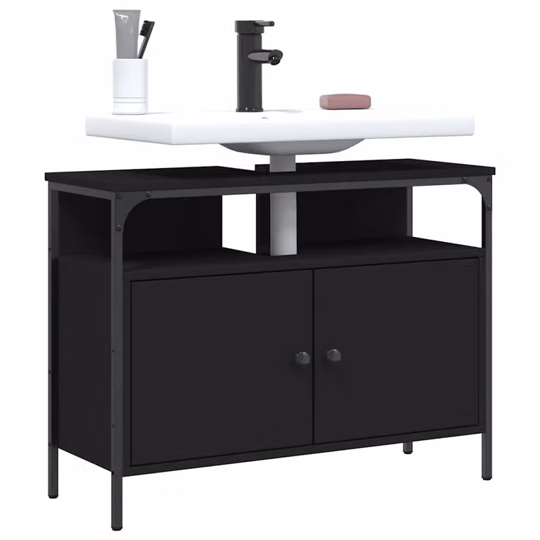 Lavabo da bagno moderno vidaXL nero in legno e metallo, L: 80 cm, P: 30 cm, H: 60 cm