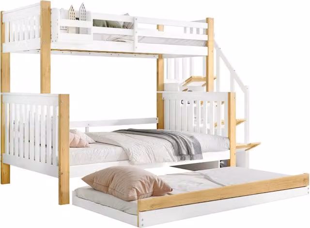 Letto a castello per bambini con letto estraibile, vano contenitore e scala con 4 cassetti, colore bianco, L/P/H: 200 x 120 x 165 cm e 200 x 90 x 165 cm